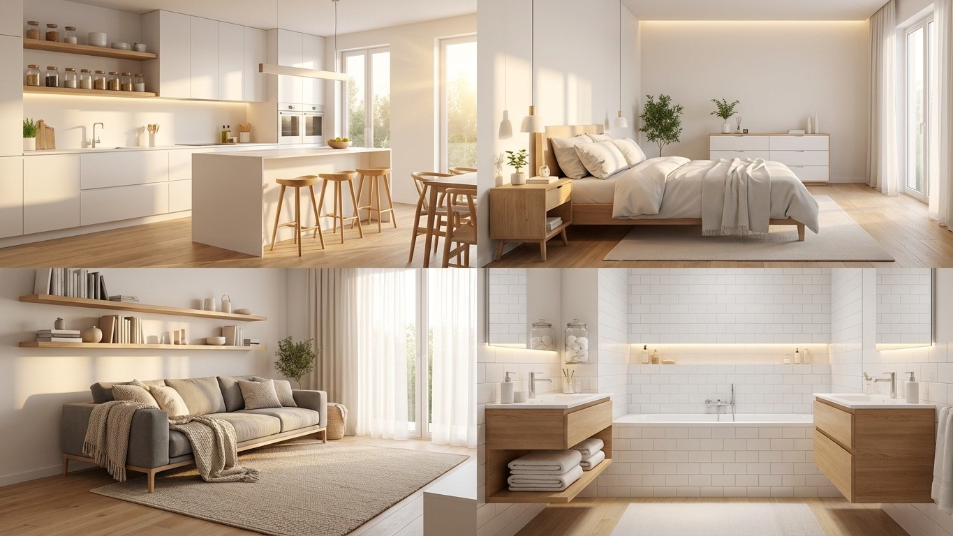 Organisation maison par pièces : cuisine, salon, chambre, salle de bain et entrée