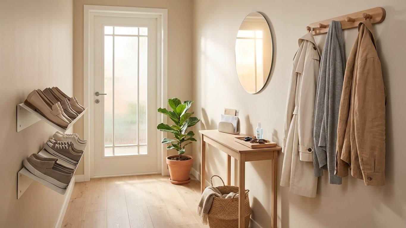 Organiser une petite entrée : chaussures, manteaux et courrier dès la porte