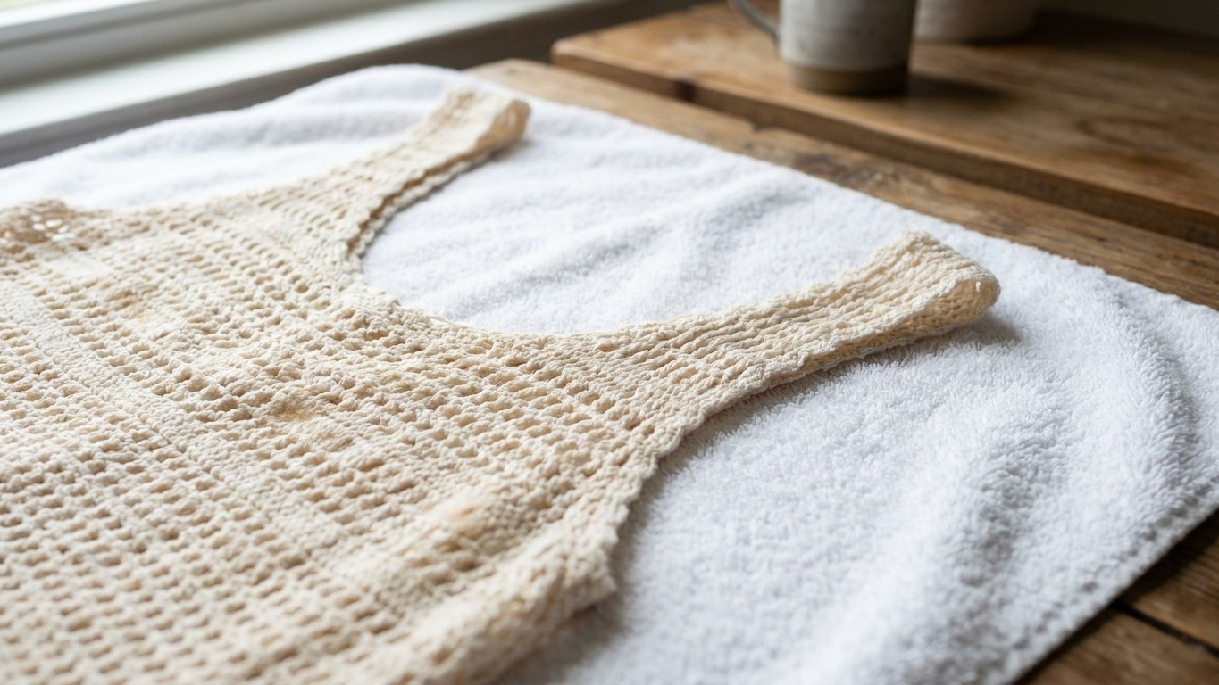 J’ai suspendu mon top en crochet de coton encore trempé sur un cintre juste pour gagner du temps : au moment de l’enfiler,...