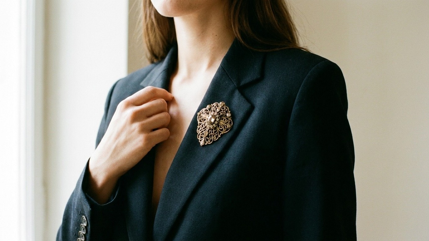 On s'obstine tous à porter la broche au revers du blazer : ce simple changement d'emplacement rajeunit pourtant net la sil...